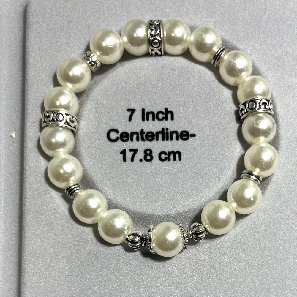 Faux Pearl Bead Stretch Bracelet with Silver Accents